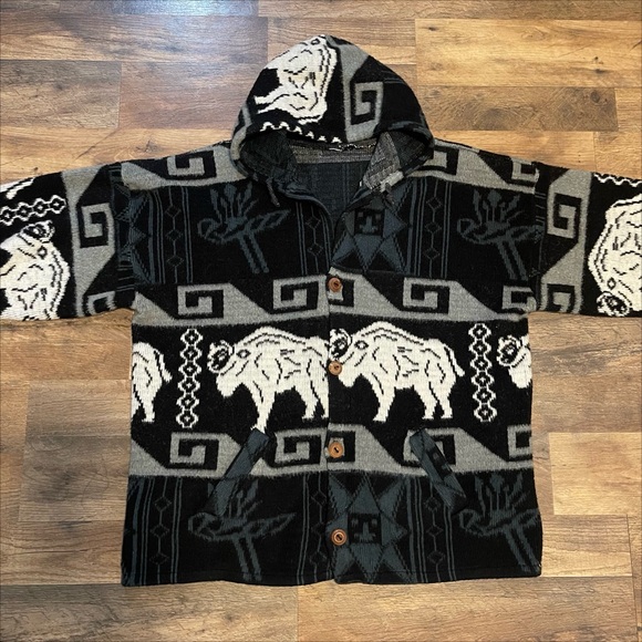 Vintage | Alpaca Wool Aztec Tribal Print Hooded Sweater Jacketet - Picture 3 of 7